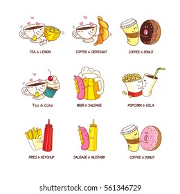 Set of funny cartoon. The concept of love forever. Comics, cartoons. Vector illustration isolated on white background.