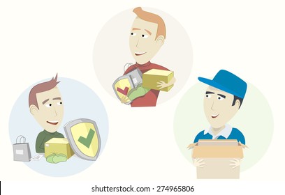 Set of funny cartoon courier sender and receiver