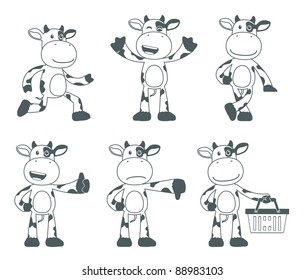 set of funny cartoon cow in various poses