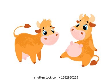  Set Funny Cartoon cow. Vector illustration in children's style.