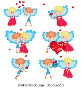 Set of funny cartoon cupid characters. Little cupid is ready to shoot love arrow. Set of cute boy and girl cupids with gift, heart, bow and arrows. Set with cupids for Valentine's Day and weddings.