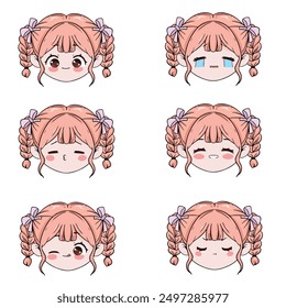 set of funny cartoon cute chibi faces vector illustration