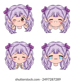 Conjunto de dibujos animados divertidos lindos Chibi caras de Ilustración vectorial