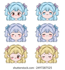 set of funny cartoon cute chibi faces vector illustration