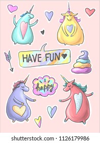 Set of funny cartoon dancing magic unicorns. Patch, badge sticker. Collection of icons, pattern for clothes, t-shirts, print, web design, postcards.