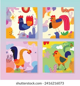 Set of funny cartoon decorative geometric and shape chicken roster and hen with floral vector illustration.