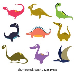 Set of funny cartoon dinosaurs collection. Vector illustration.