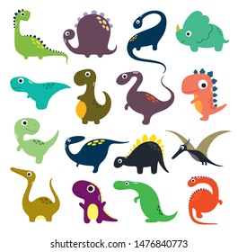 Set of funny cartoon dinosaurs collection. Vector illustration.