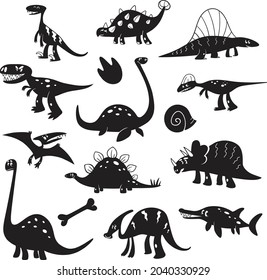 Set of funny cartoon dinosaurs. Deinonychus, ankylosaur, pachycephalosaurus, dimetrodon, brontosaurus, plesiosaur, ichthyosaurus, parasaurolophus, triceratops, stegosaurus, pterodactyl, t rex. 