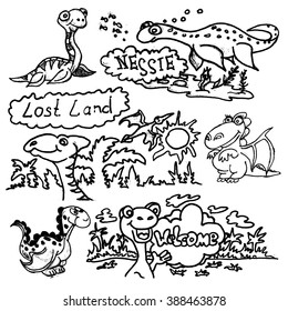 Set of funny cartoon dinosaurs hand-drawn doodle. Vector illustration.