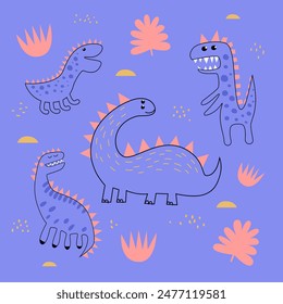 Conjunto de divertidos dinosaurios de dibujos animados sobre un fondo azul. Tiranosaurio y estegosaurio lindos. Diseño simple de los niños para una camiseta de los niños, ropa de los niños, invitación. Ilustración vectorial.