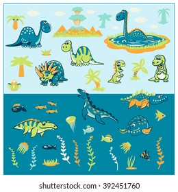 Set of funny cartoon dinosaurs that live on land and in the sea