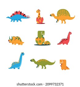 Set of funny cartoon dinosaurs in yellow, red and olive colors. Vector illustration isolated on white background.
