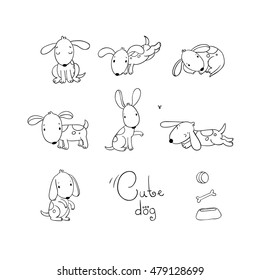 Set of funny  cartoon dogs. Hand drawing isolated objects on white background. Vector illustration. quick sketch