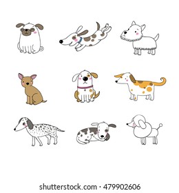 Set of funny cartoon dogs. Hand drawing isolated objects on white background. Vector illustration. 