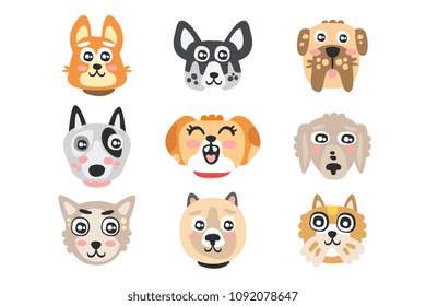 Set of funny cartoon dogs heads. Dogs of different breeds colorful character vector Illustrations