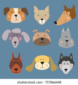 Set of funny cartoon dogs on blue background. Vector illustration.