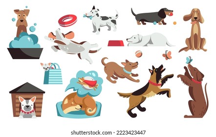 Set of funny cartoon dogs sleeping, playing, eating, barking and running. Happy puppies of different breeds isolated on white background. Lovely pets. Flat vector illustration