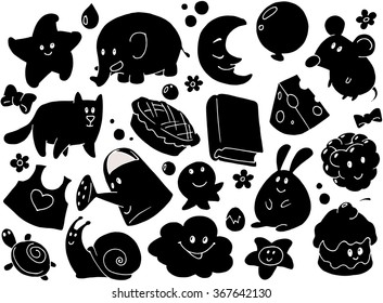 Set of funny cartoon doodle illustrations in black silhouette
