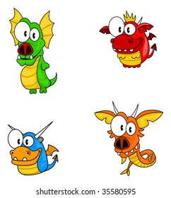 Set of funny cartoon dragons isolated on white