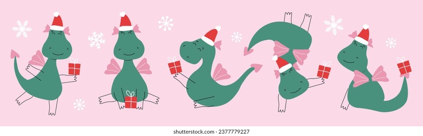 A set of funny cartoon dragons in Santa hats with gifts in their hands on a background of snowflakes. Festive winter fairy-tale animals. Vector graphics.