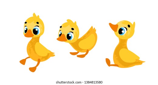 Set funny cartoon ducklings. Vector illustration in children's style.