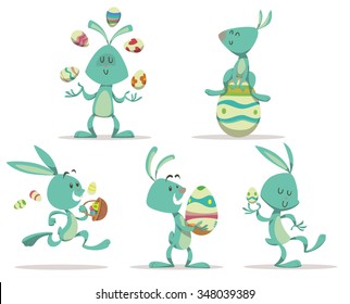 Set of funny cartoon Easter bunnies with colorful eggs, vector