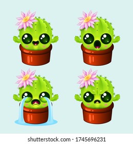 conjunto de divertidos cactus de emoción de dibujos animados. planta linda con rostros kawaii y flor rosa en maceta 