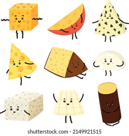 Set of funny cartoon emotional characters from different types of cheese