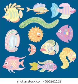Set of funny cartoon exotic fish. Vector flat illustration.