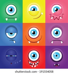 Set of funny cartoon expression monsters with one eye