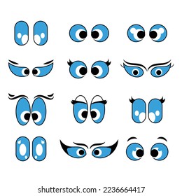 Set of funny cartoon eyes. Human eye, angry and happy facial eyes expressions. Comic eyes with different facial expressions doodles. Isolated vector illustration icons set