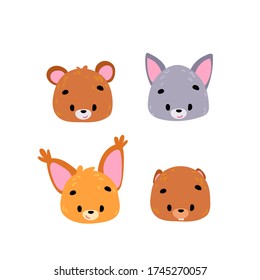 Set funny cartoon face animals. Cartoon character. Vector illustration for t-shirt prints, greeting cards, posters, stickers or decor