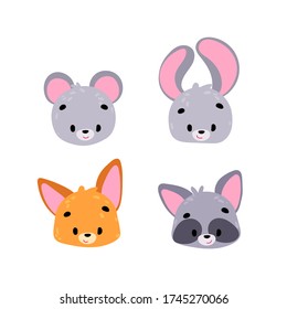 Set funny cartoon face animals. Cartoon character. Vector illustration for t-shirt prints, greeting cards, posters, stickers or decor
