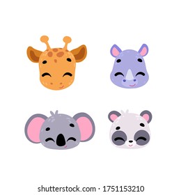 Set funny cartoon face animals. Cartoon character. Vector illustration for t-shirt prints, greeting cards, posters, stickers or decor