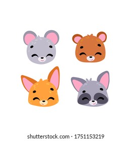 Set funny cartoon face animals. Cartoon character. Vector illustration for t-shirt prints, greeting cards, posters, stickers or decor