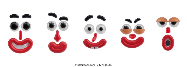 Set funny cartoon face elements smiling boy or men in realistic 3d style. Bright positive character design. Colorful vector illustration.