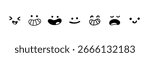 Set of funny cartoon face expressions of emotions, funny and sad, surprised and scared, smiling and laughing. Vector illustration, simple doodle style, line art