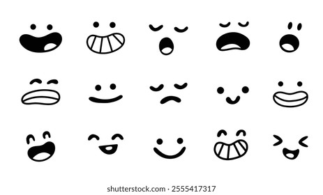 Set of funny cartoon face expressions of emotions, funny and sad, surprised and scared, smiling and laughing. Vector illustration, simple doodle style, line art. Concept design for stickers, banners