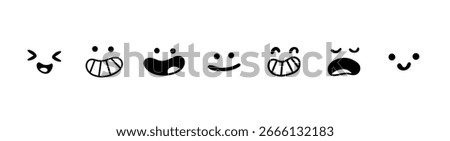 Set of funny cartoon face expressions of emotions, funny and sad, surprised and scared, smiling and laughing. Vector illustration, simple doodle style, line art
