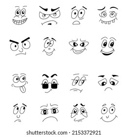 set of funny cartoon faces with black outline