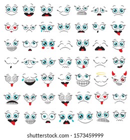 Set of funny cartoon faces. Caricature comic emotions. Doodle style. Isolated vector illustration