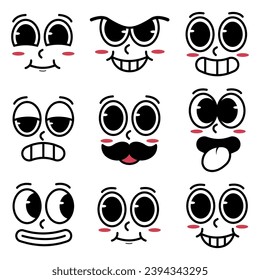 Set of funny cartoon faces with different emotions. Vector illustration isolated on white background