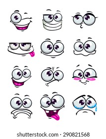 Set of funny cartoon faces, different emotions, isolated on white