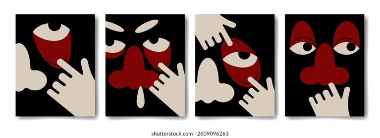Set of funny cartoon faces with weird emotions. Poster in simple doodle style.