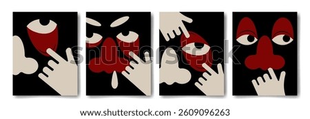 Set of funny cartoon faces with weird emotions. Poster in simple doodle style.