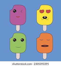 set of funny cartoon faces.Kawaii Ice Cream Emoticons Set. Cute Cartoon Characters design