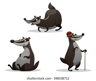 Set of funny cartoon fat badgers. One of them wearing brown hat and looks like fat gentleman. vector illustration