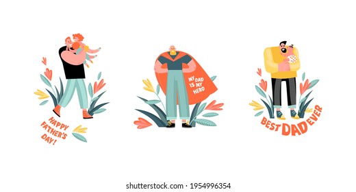 Set of funny cartoon fathers day illustrations with cute characters and decorative flowers. Father and children isolated on white background