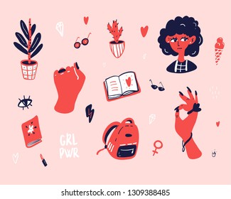 Set of funny cartoon feminine stickers. Hand drawn illustration.